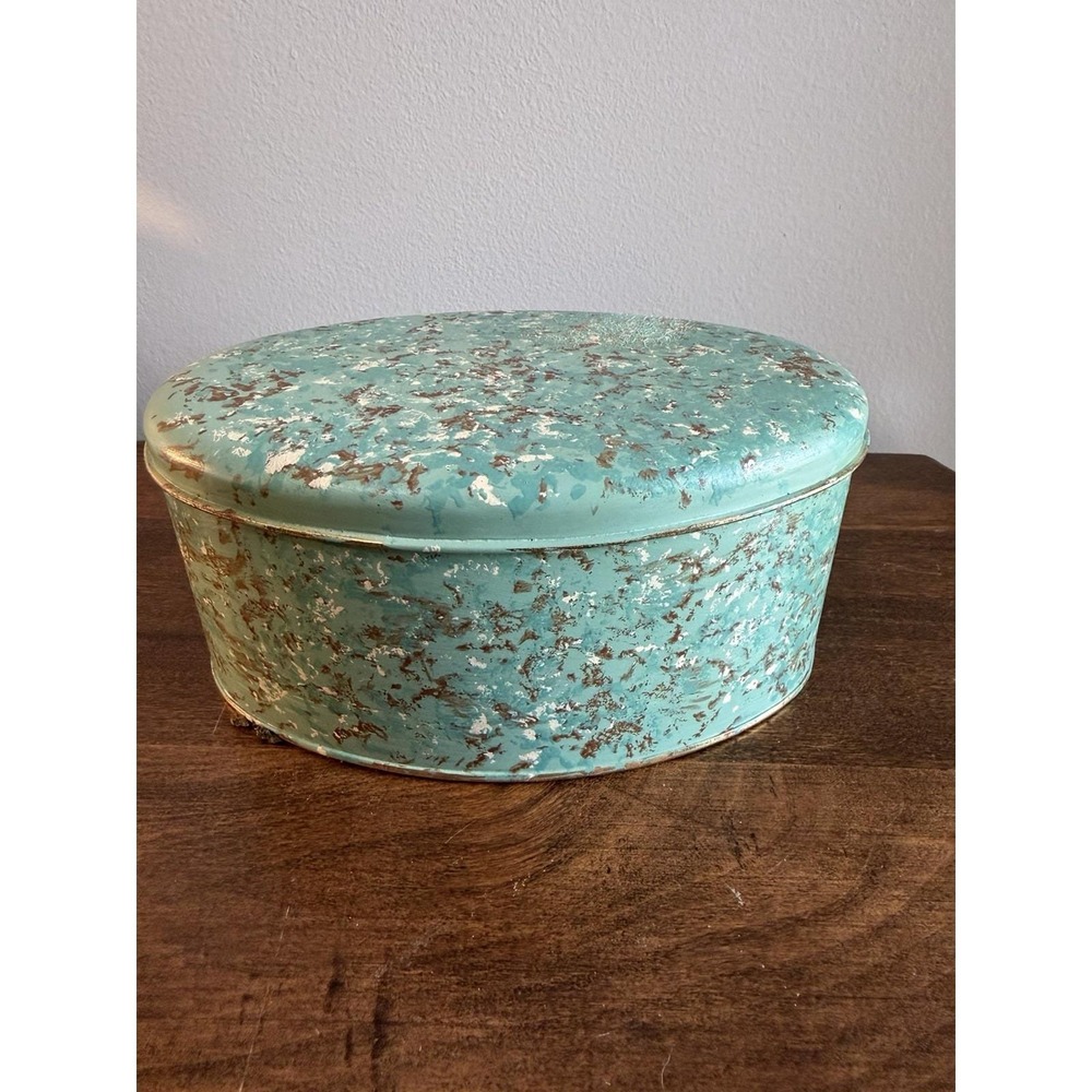 Vintage Dahar Oval Shaped Tin Box Aqua, Brown, White With Lid 6"